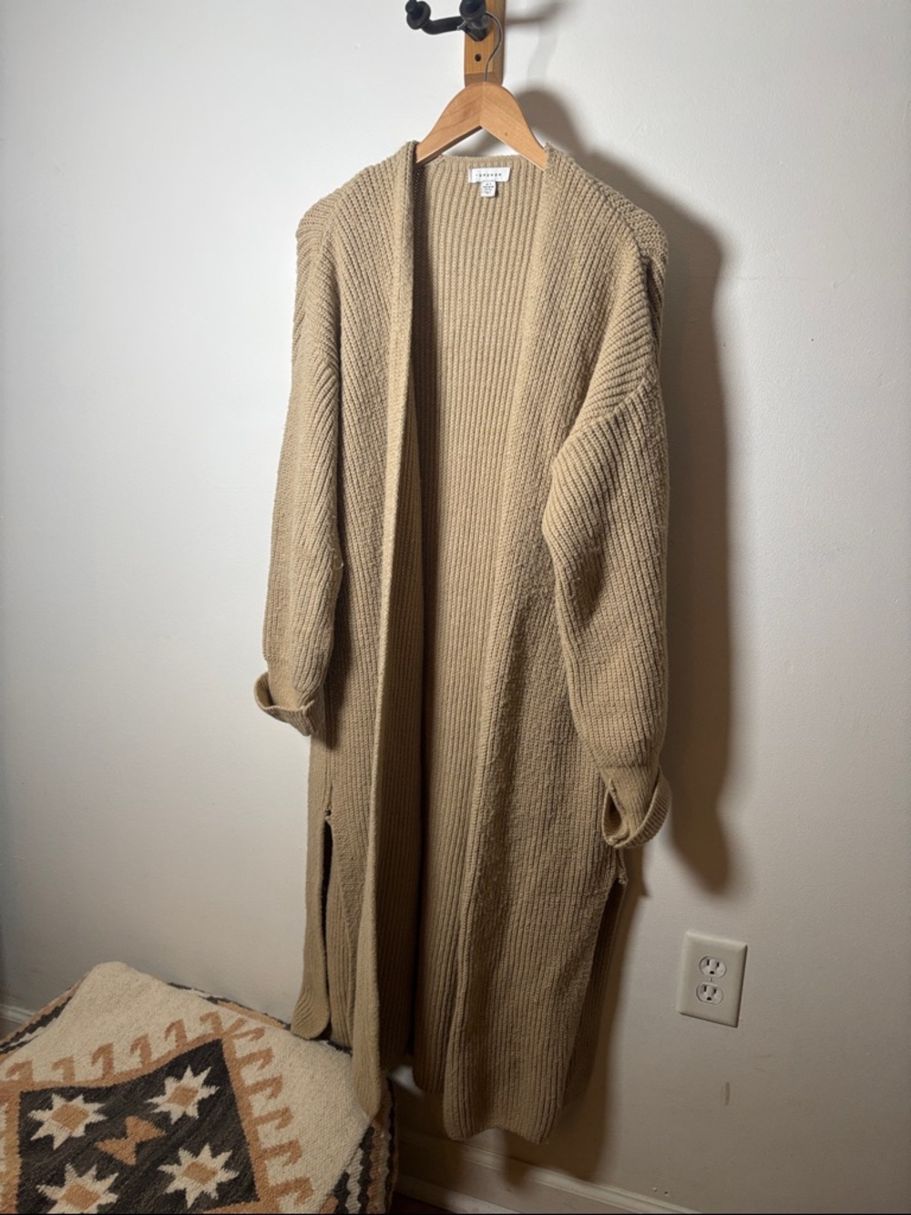 Top Shop Neutral Ribbed Open-Front Maxi Cardigan Duster- Beige